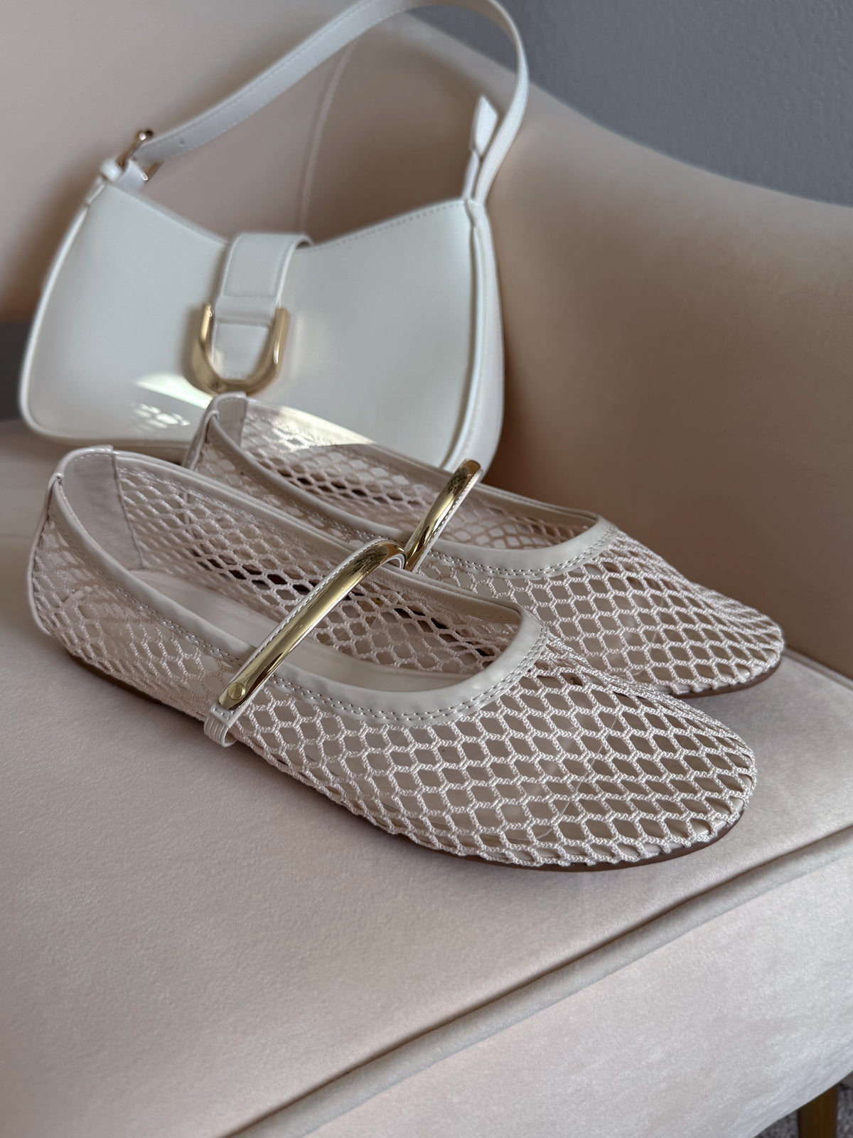 Maisy Mesh Mary Jane Gold Strap Flats (Bone)