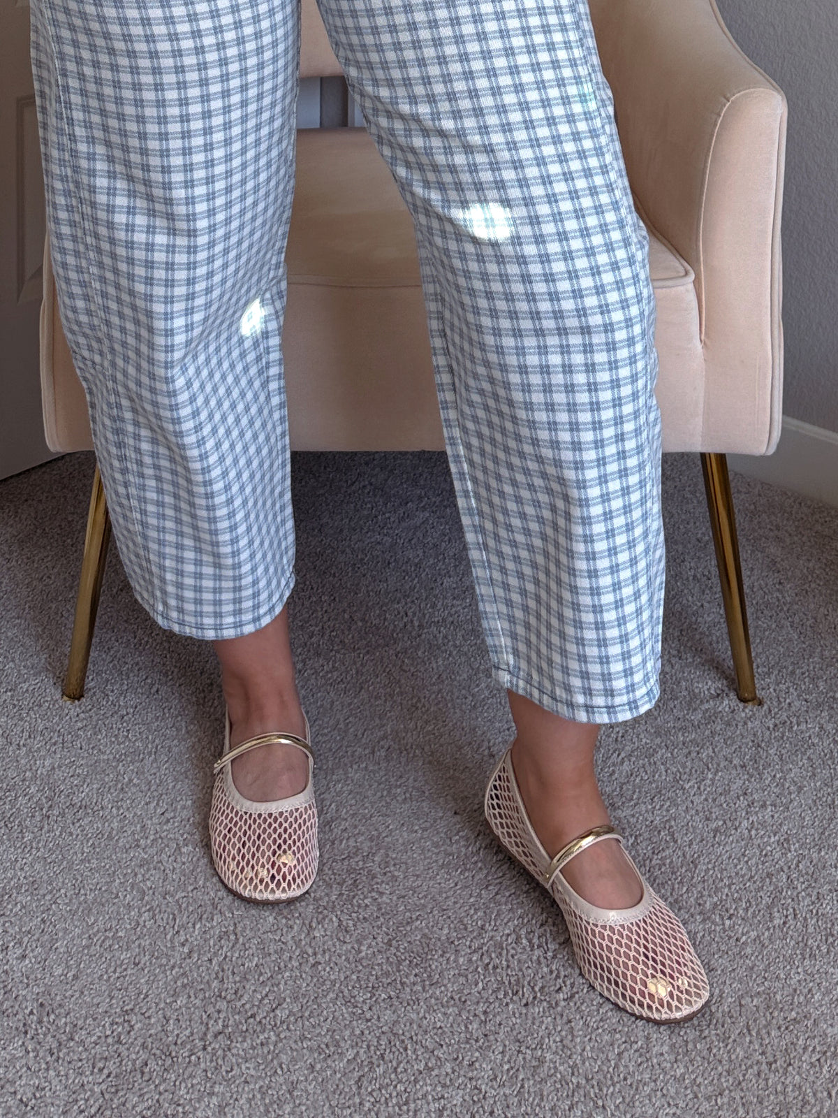 Maisy Mesh Mary Jane Gold Strap Flats (Bone)