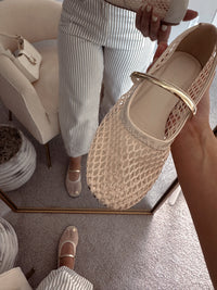 Maisy Mesh Mary Jane Gold Strap Flats (Bone)
