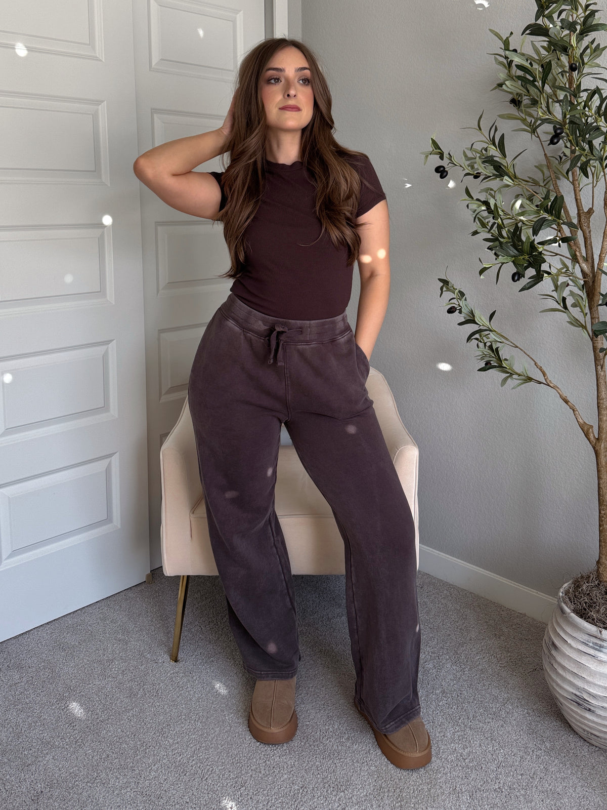 Maplewood Mineral Wash Wide-Leg Cotton Sweatpants (Espresso)