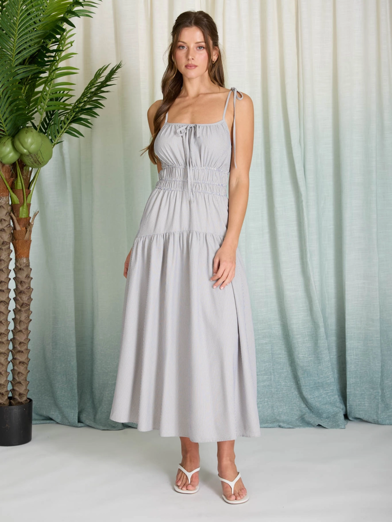 Mara Striped Tie-Strap Midi Dress (Blue)