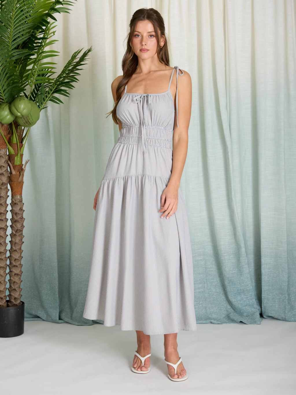 Mara Striped Tie-Strap Midi Dress (Blue)