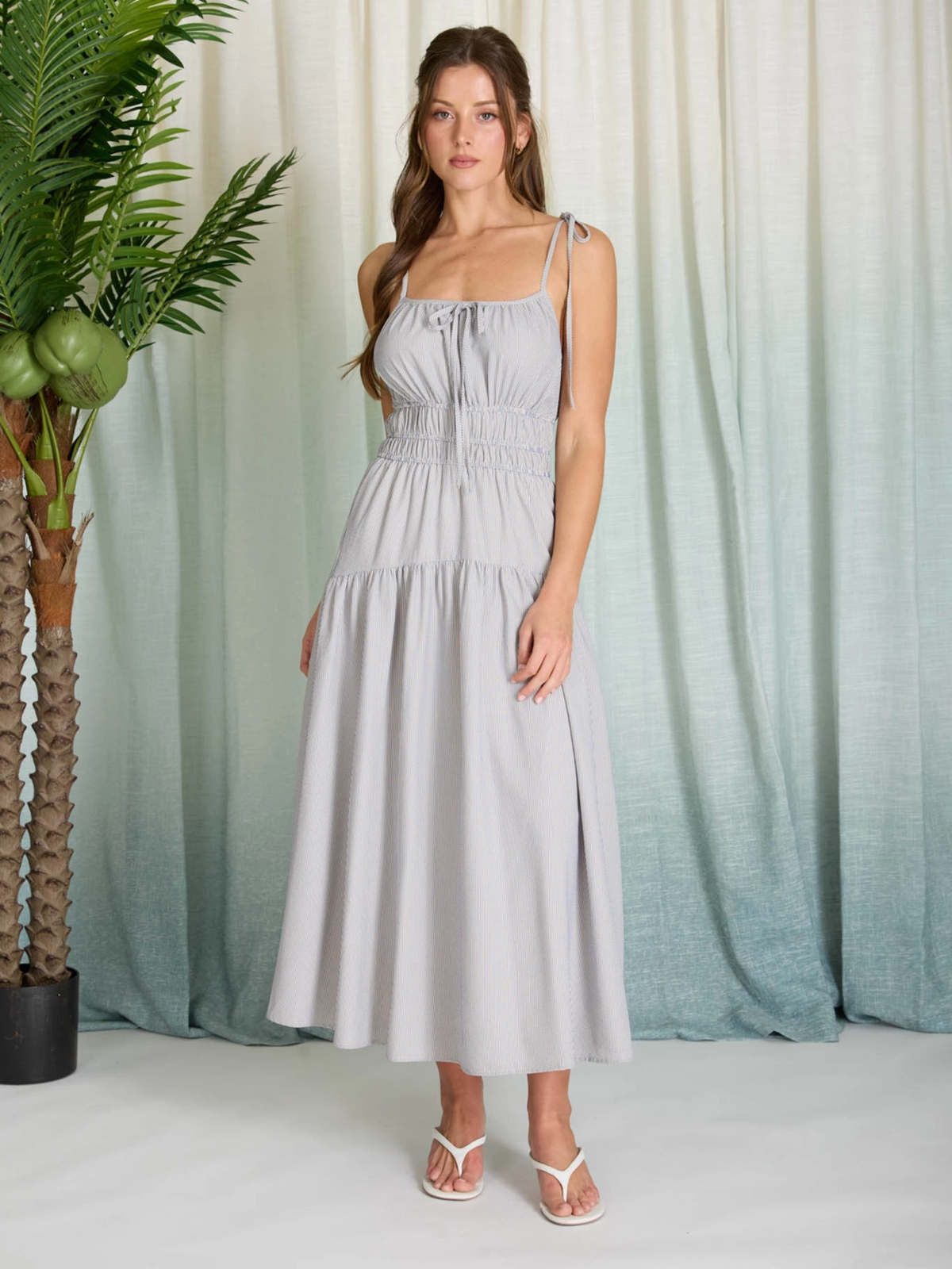 Mara Striped Tie-Strap Midi Dress (Blue)