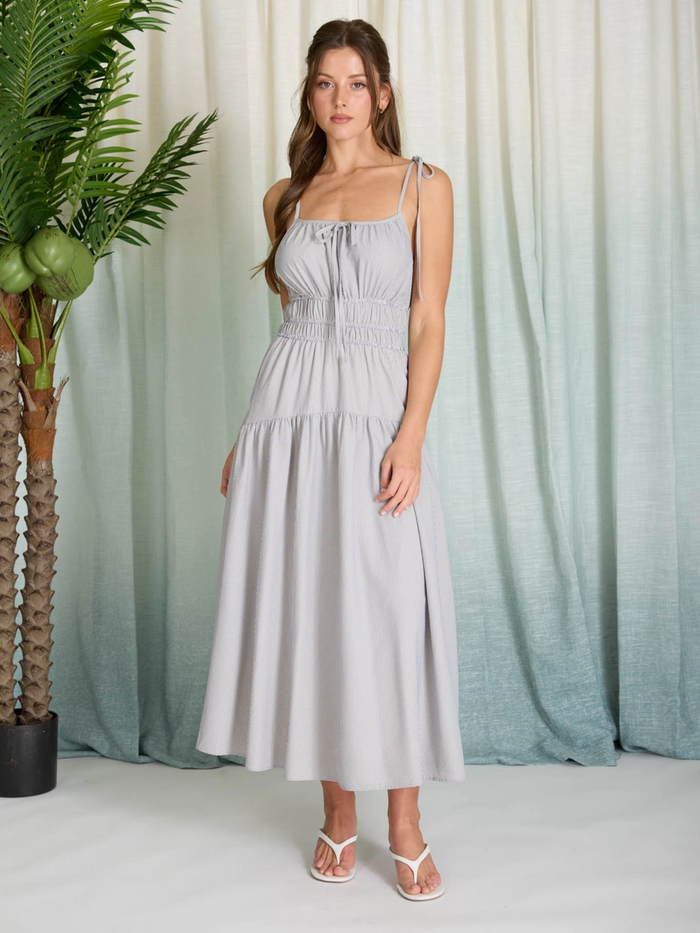 Mara Striped Tie-Strap Midi Dress (Blue)