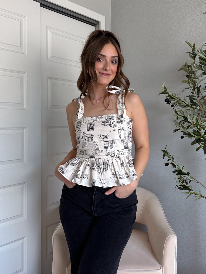 Marbella City-Print Ruffled Peplum Top (Ecru/Black)