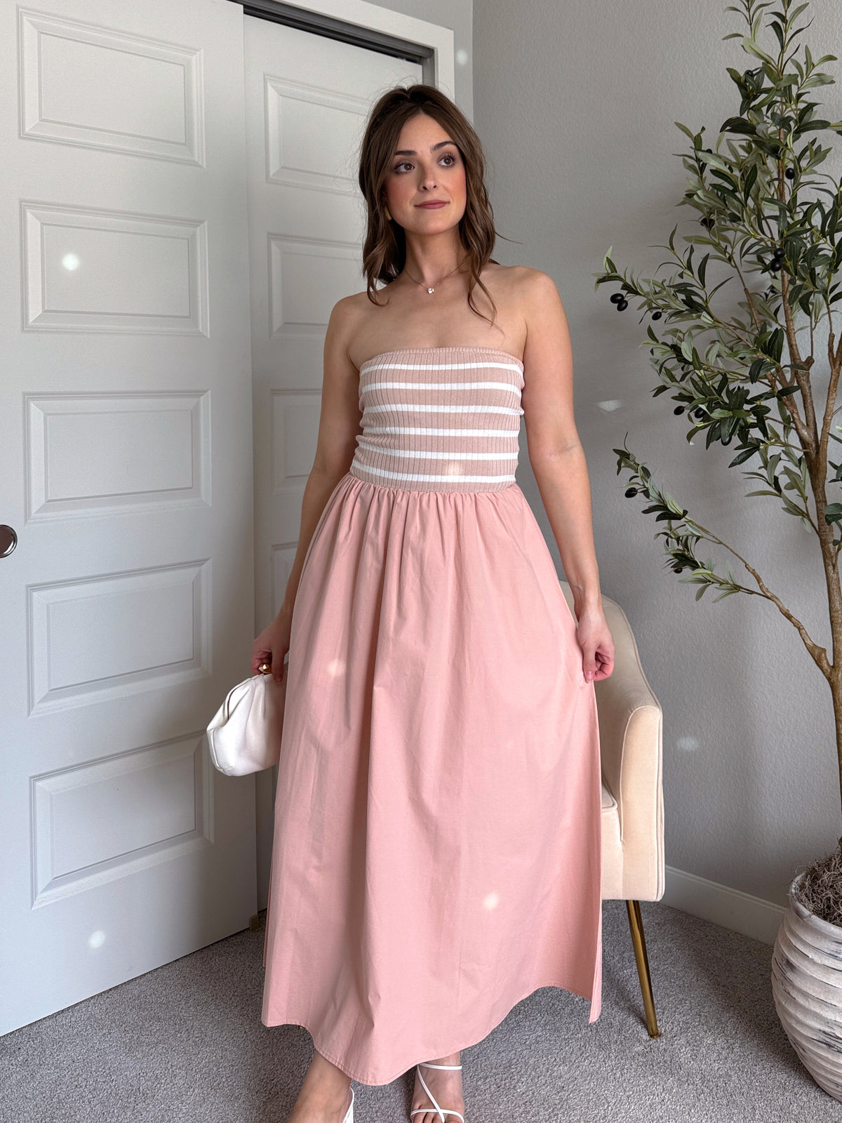 Maren Striped Strapless Midi Dress (Mauve) Small