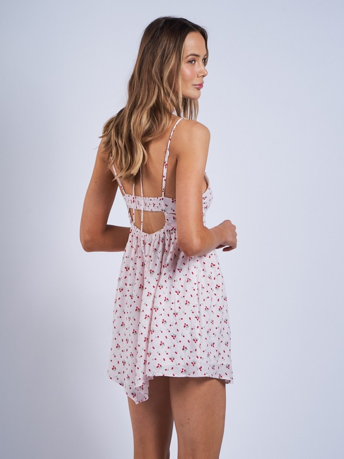 Margot Cherry Print Open Back Mini Dress (White)