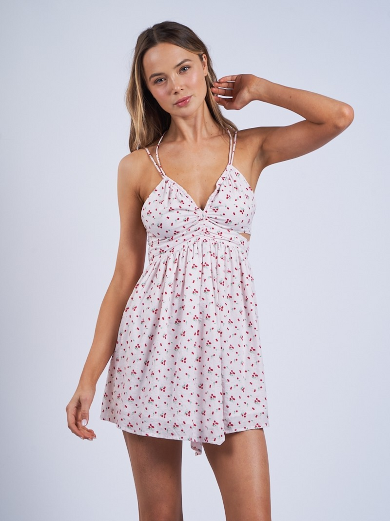 Margot Cherry Print Open Back Mini Dress (White)