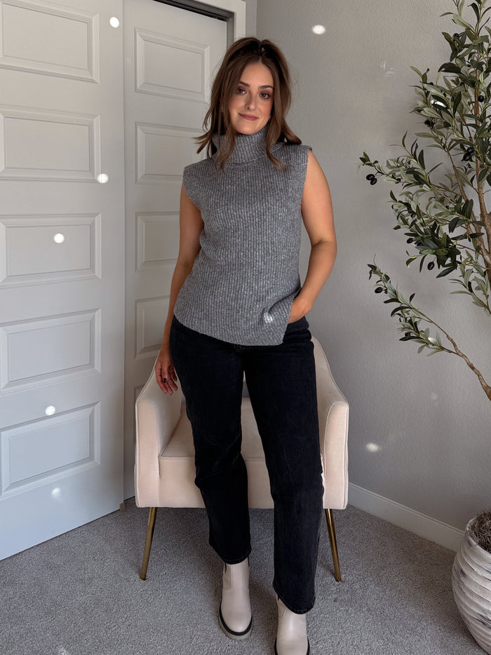 Maya Asymmetrical Turtleneck Sweater Vest Top (Gray)