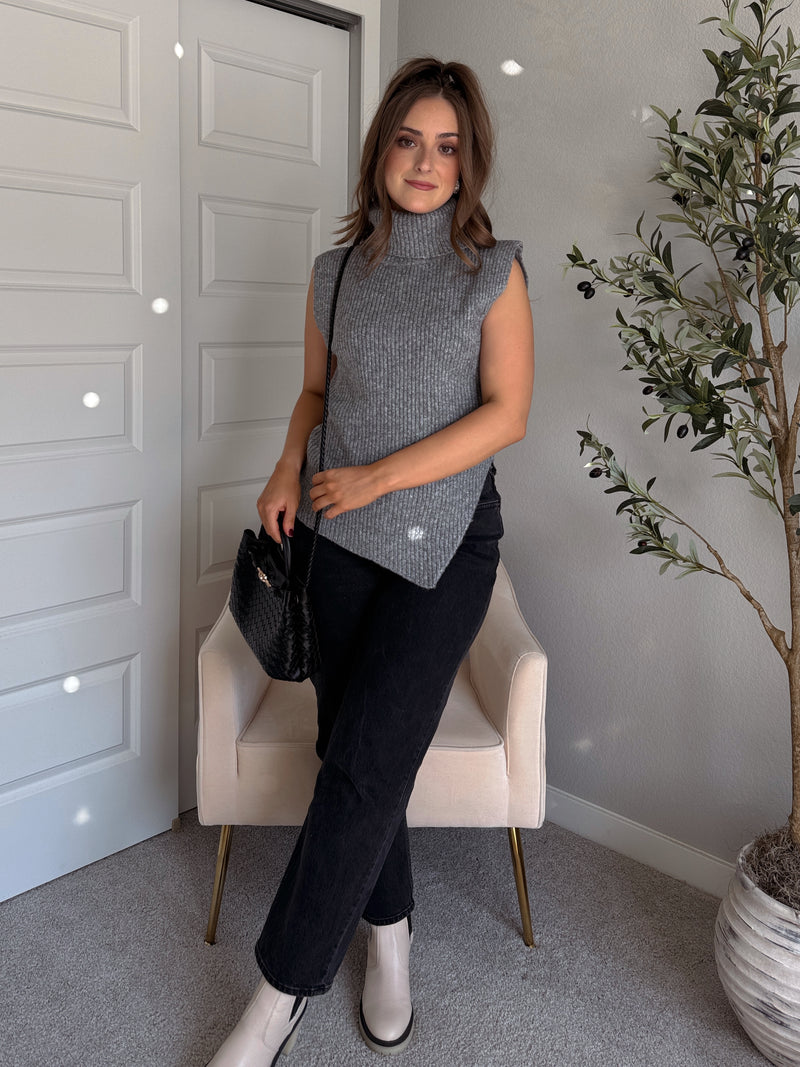 Maya Asymmetrical Turtleneck Sweater Vest Top (Gray)