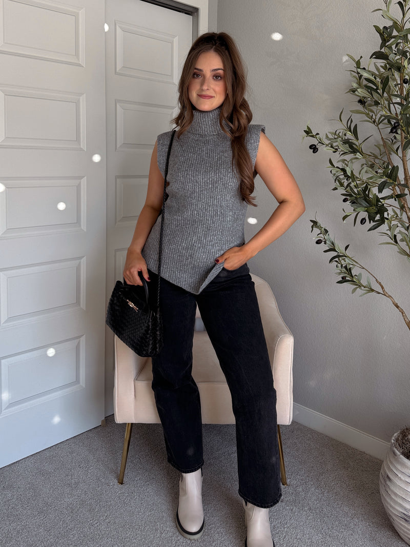 Maya Asymmetrical Turtleneck Sweater Vest Top (Gray)