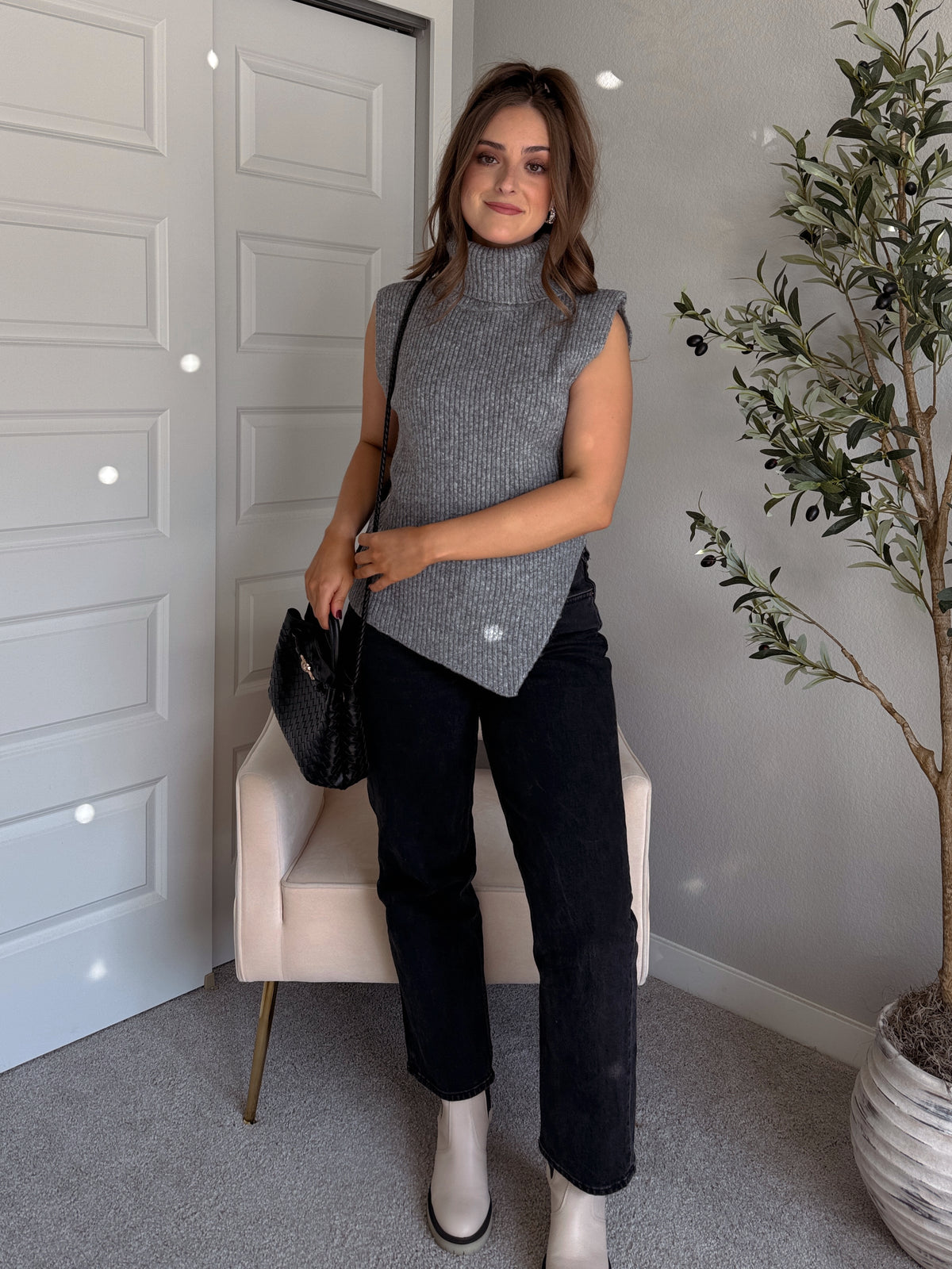 Maya Asymmetrical Turtleneck Sweater Vest Top (Gray)