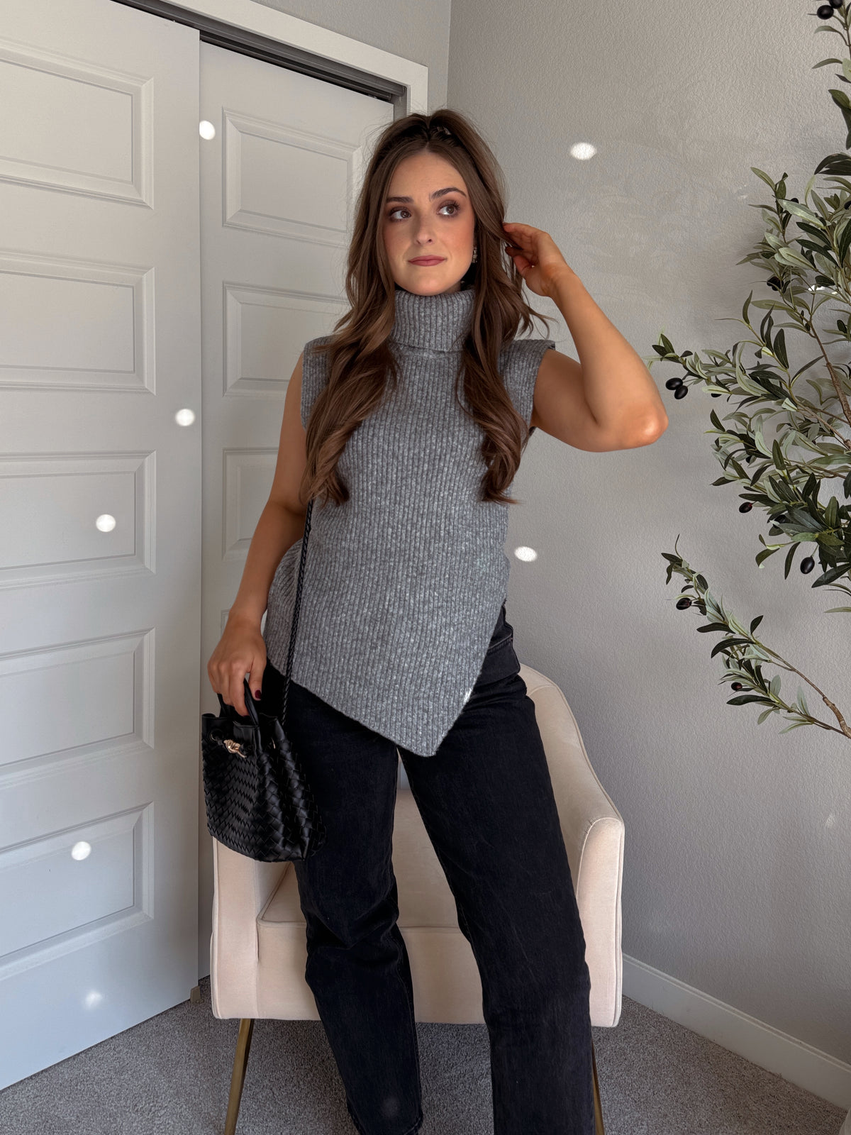 Maya Asymmetrical Turtleneck Sweater Vest Top (Gray)