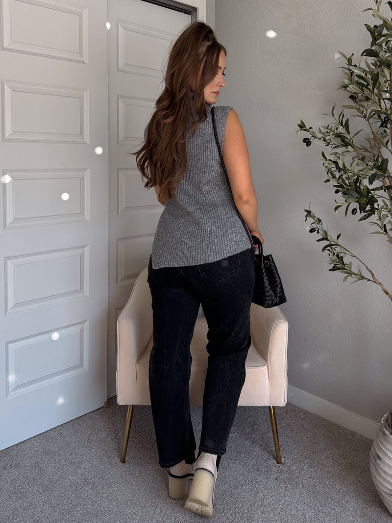 Maya Asymmetrical Turtleneck Sweater Vest Top (Gray)
