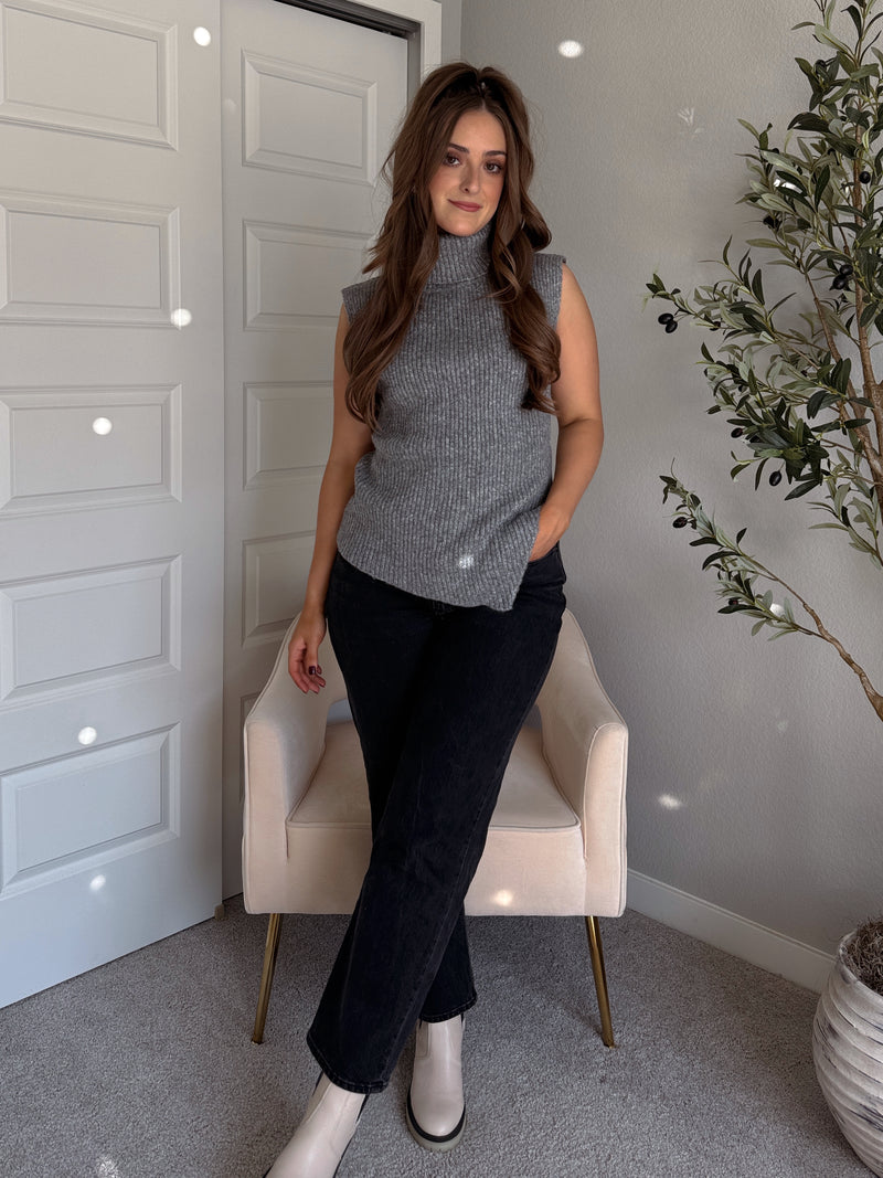 Maya Asymmetrical Turtleneck Sweater Vest Top (Gray)