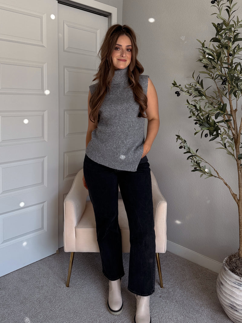 Maya Asymmetrical Turtleneck Sweater Vest Top (Gray)
