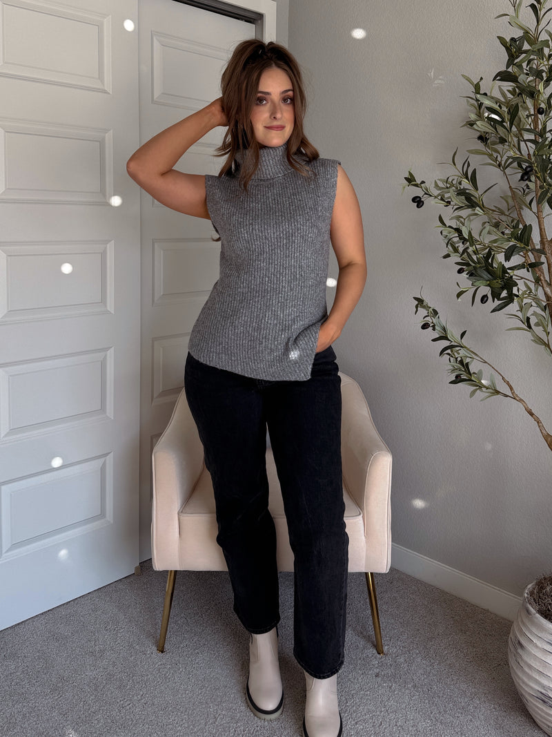 Maya Asymmetrical Turtleneck Sweater Vest Top (Gray)