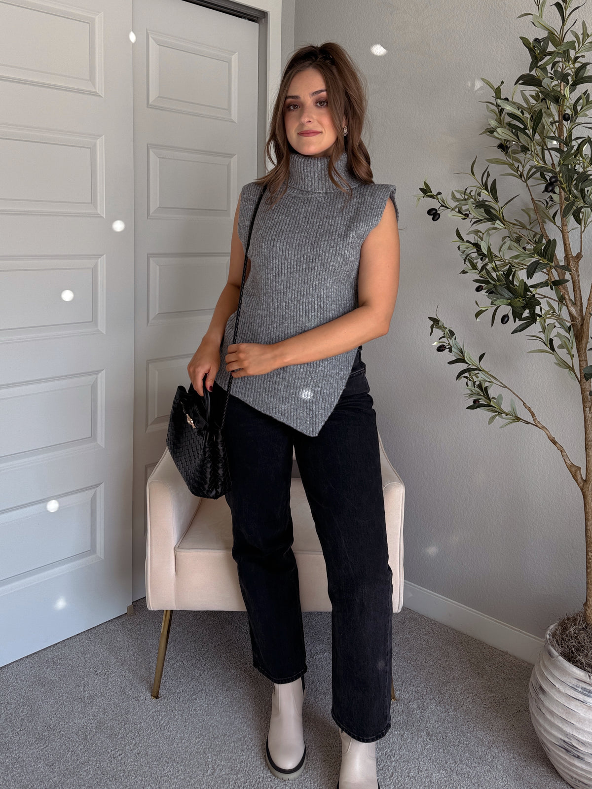 Maya Asymmetrical Turtleneck Sweater Vest Top (Gray)