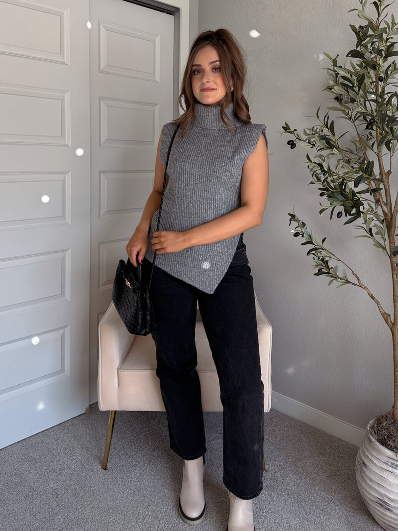 Maya Asymmetrical Turtleneck Sweater Vest Top (Gray)
