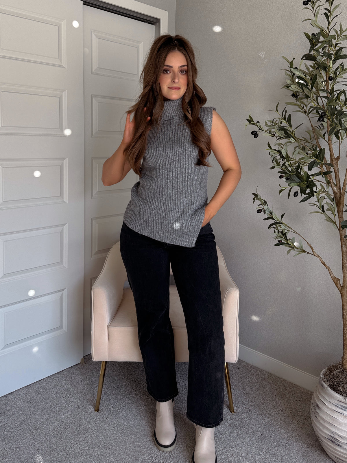 Maya Asymmetrical Turtleneck Sweater Vest Top (Gray)