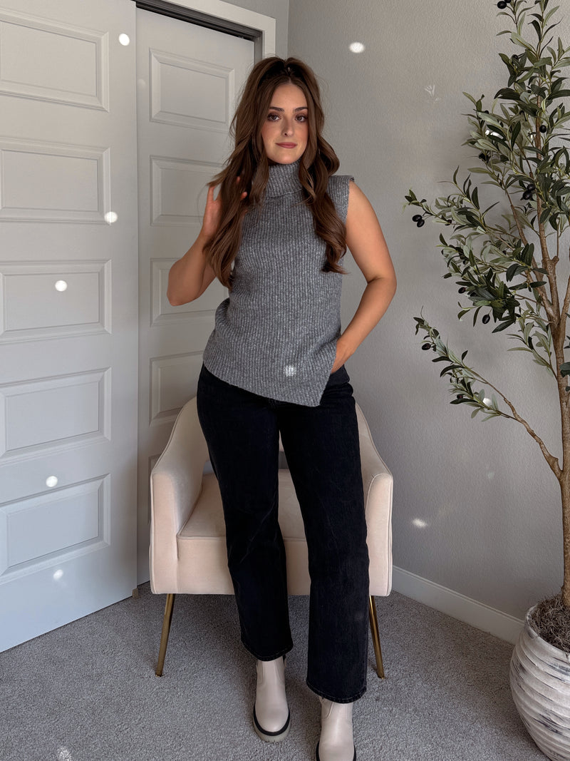 Maya Asymmetrical Turtleneck Sweater Vest Top (Gray)