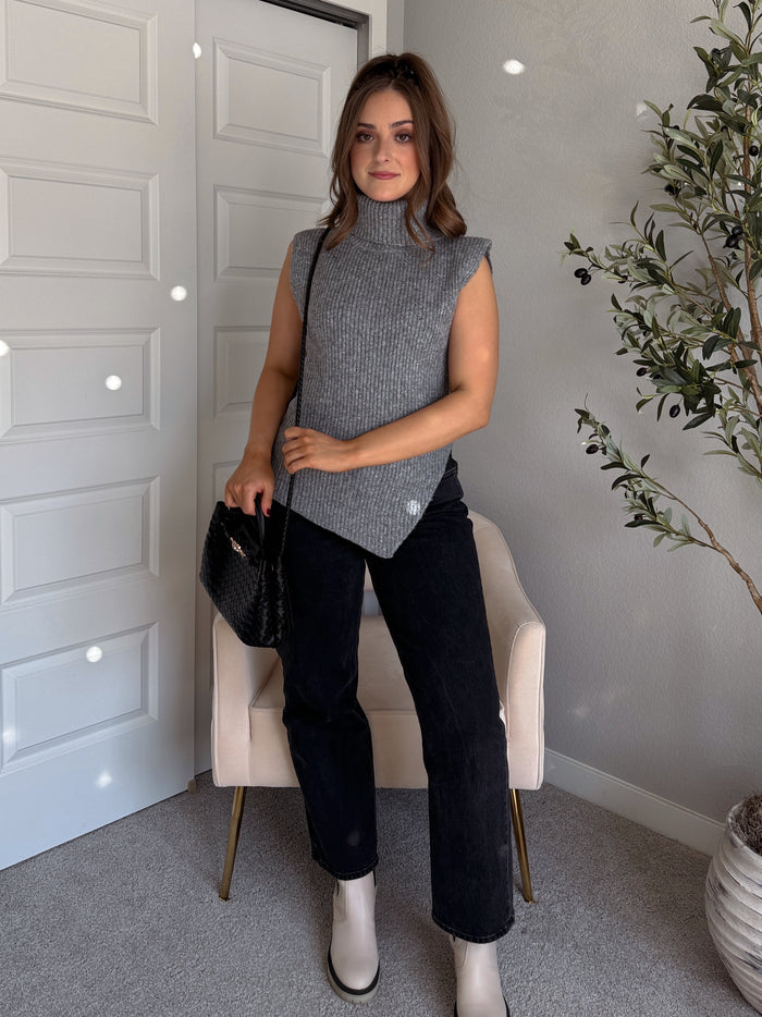 Maya Asymmetrical Turtleneck Sweater Vest Top (Gray)
