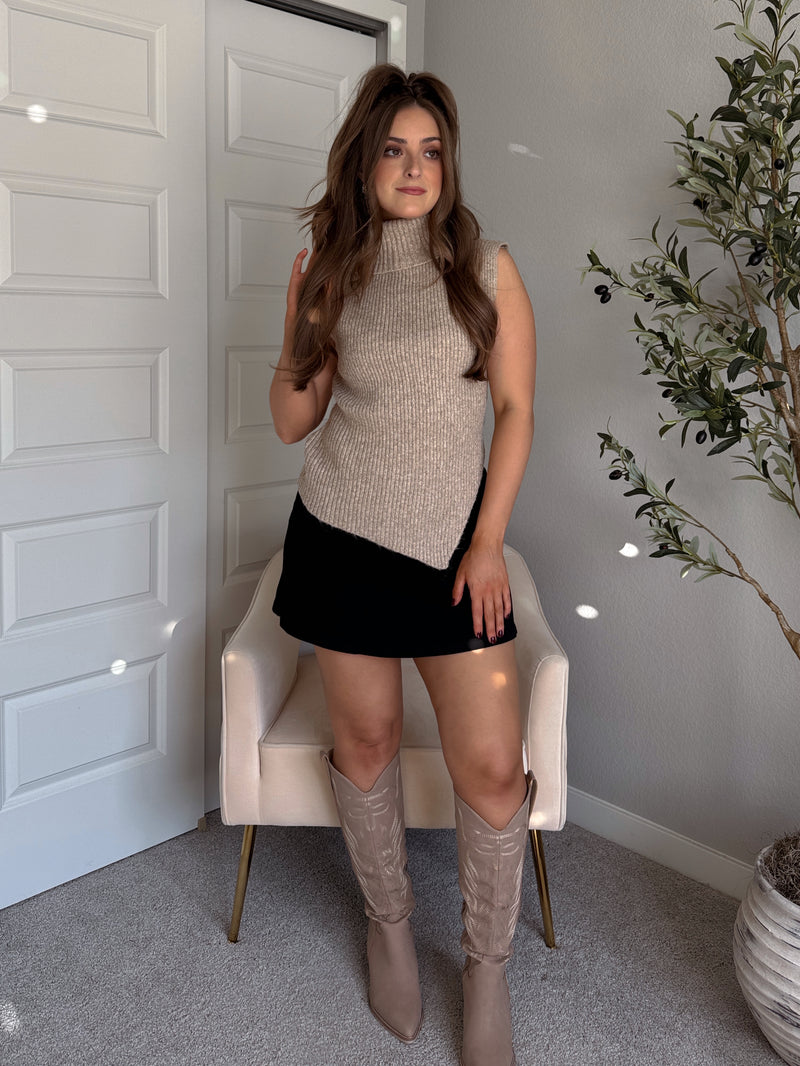 Maya Asymmetrical Turtleneck Sweater Vest Top (Mocha)