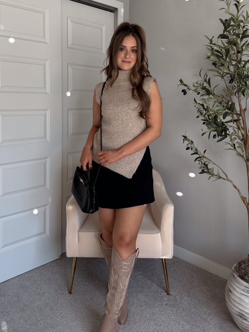 Maya Asymmetrical Turtleneck Sweater Vest Top (Mocha)