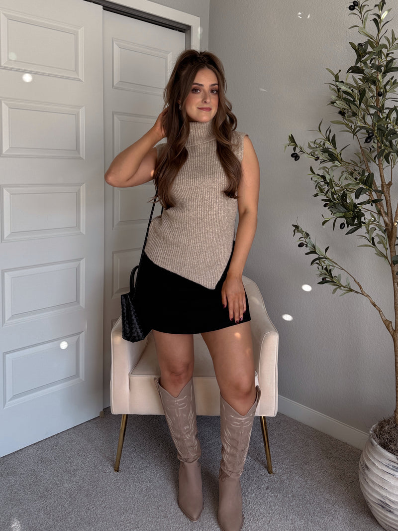Maya Asymmetrical Turtleneck Sweater Vest Top (Mocha)