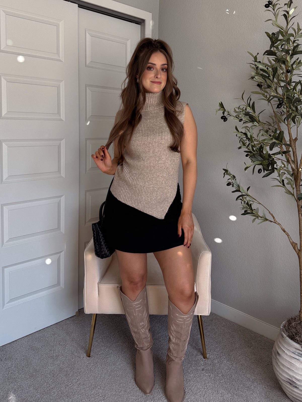 Maya Asymmetrical Turtleneck Sweater Vest Top (Mocha)