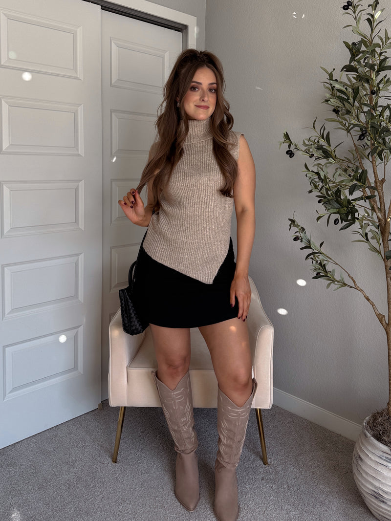 Maya Asymmetrical Turtleneck Sweater Vest Top (Mocha)