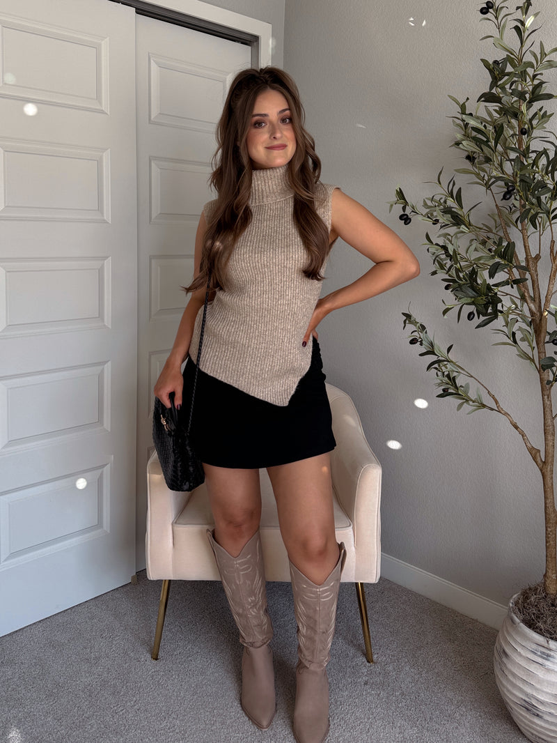 Maya Asymmetrical Turtleneck Sweater Vest Top (Mocha)