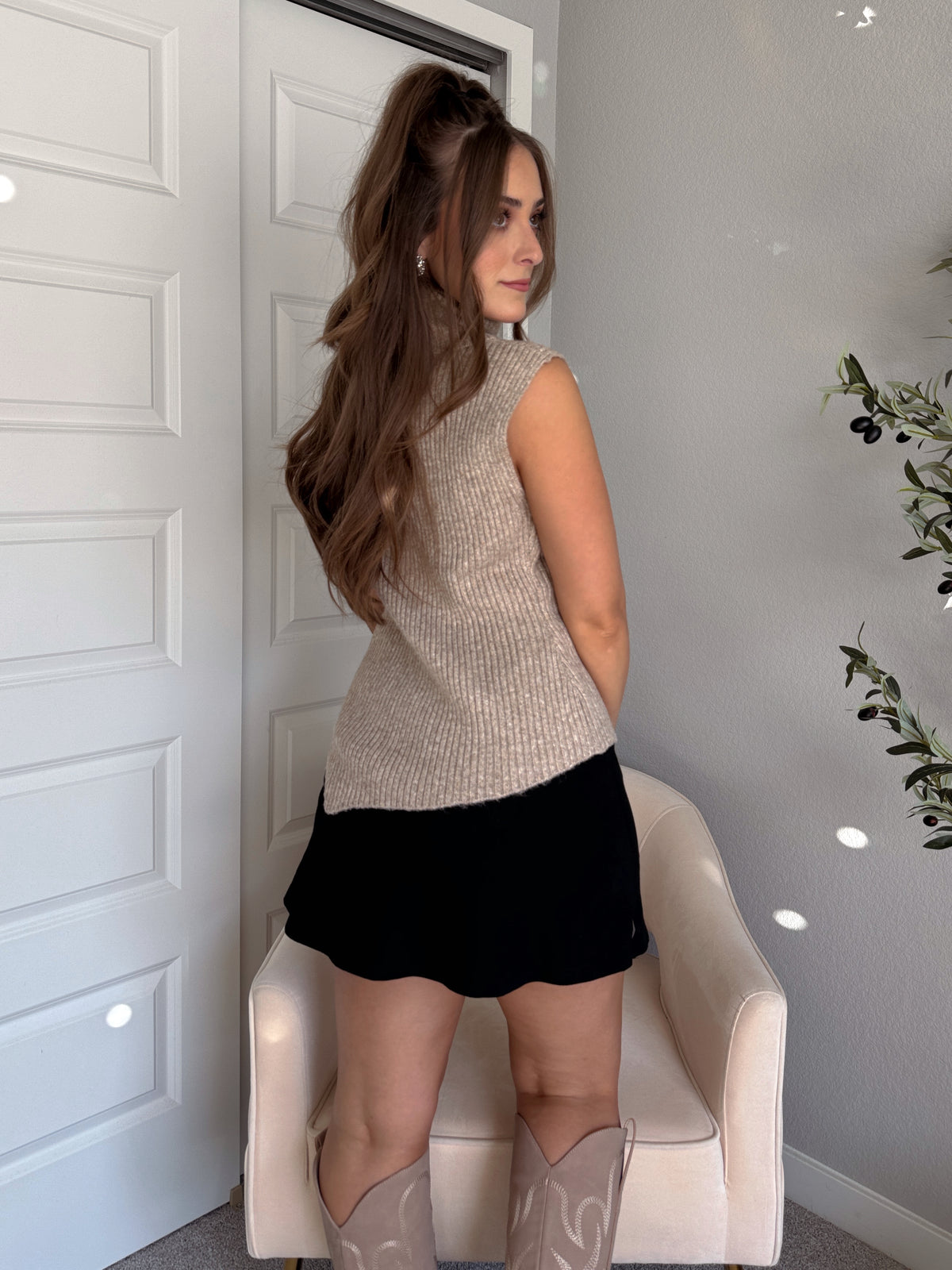 Maya Asymmetrical Turtleneck Sweater Vest Top (Mocha)