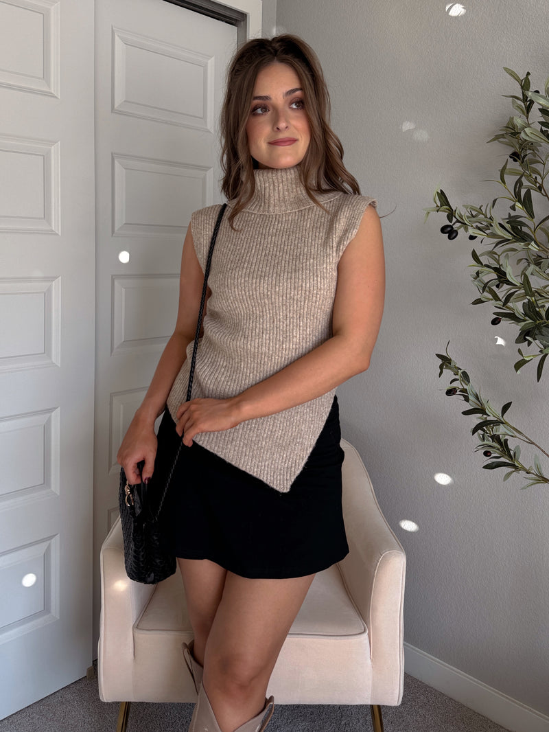 Maya Asymmetrical Turtleneck Sweater Vest Top (Mocha)