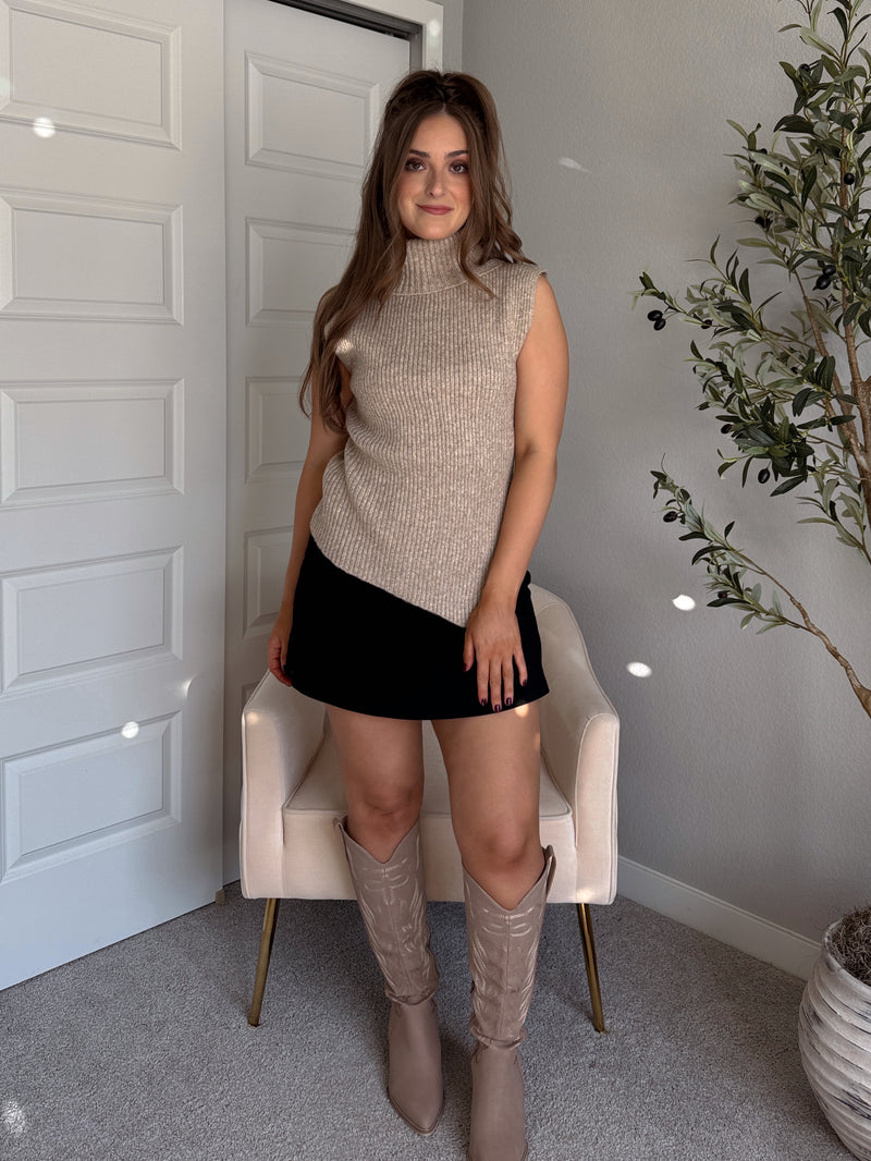 Maya Asymmetrical Turtleneck Sweater Vest Top (Mocha)