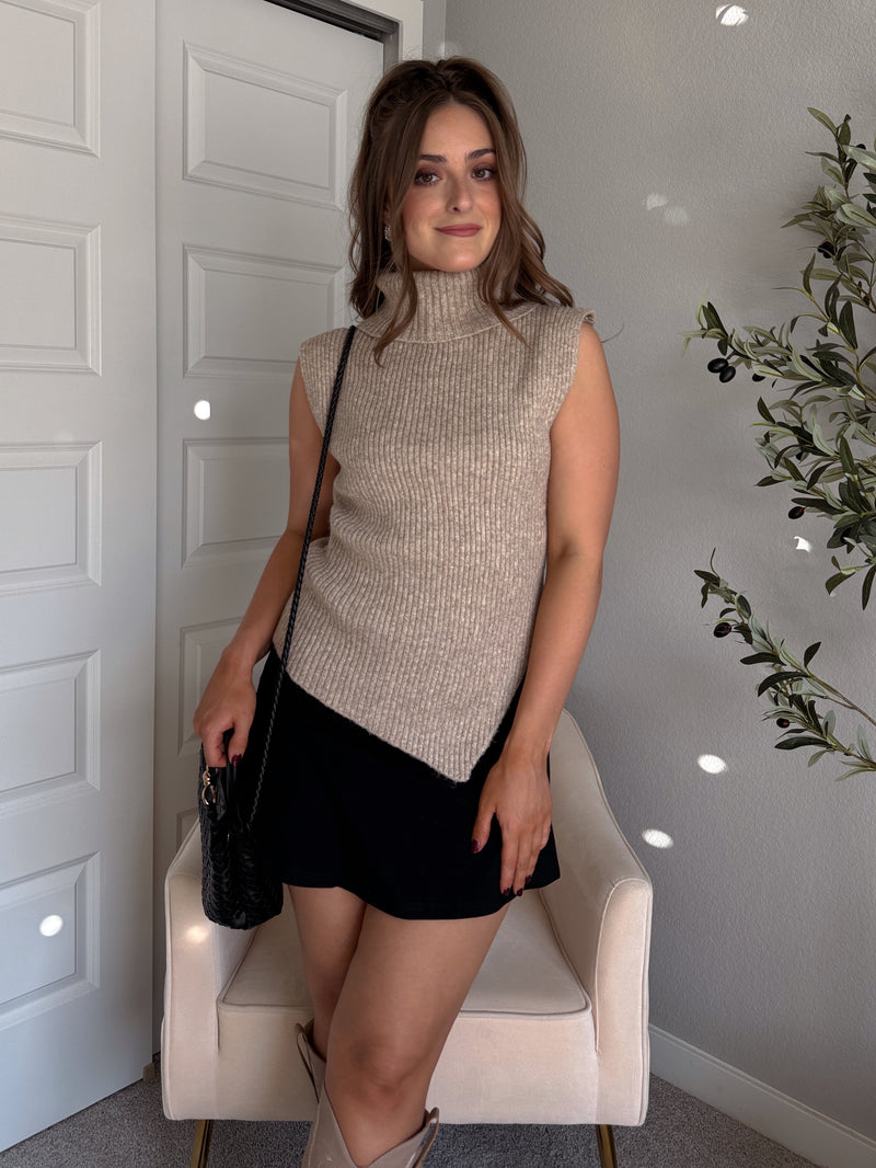 Maya Asymmetrical Turtleneck Sweater Vest Top (Mocha)