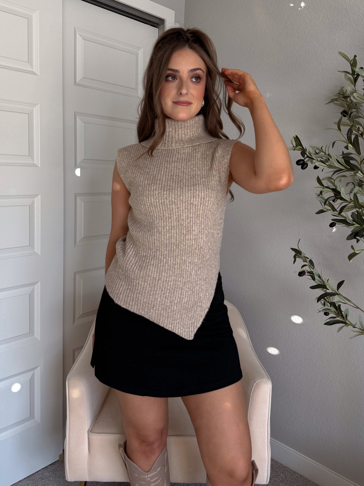 Maya Asymmetrical Turtleneck Sweater Vest Top (Mocha)