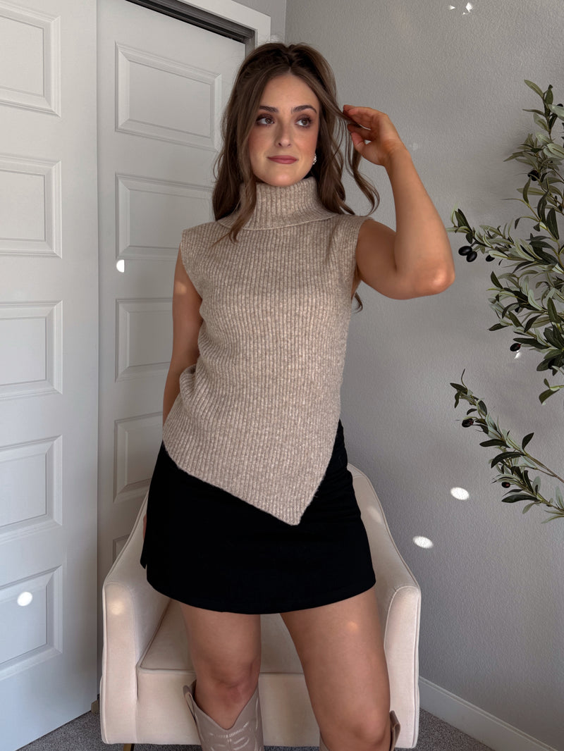 Maya Asymmetrical Turtleneck Sweater Vest Top (Mocha)