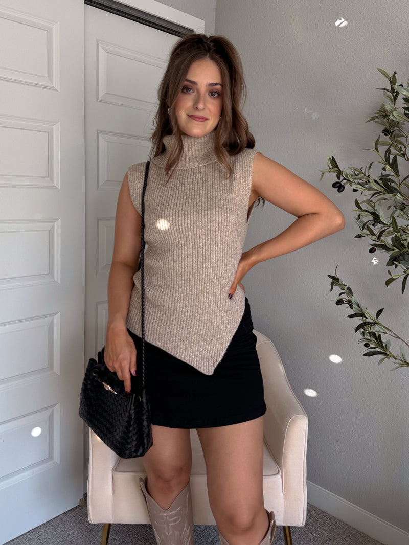 Maya Asymmetrical Turtleneck Sweater Vest Top (Mocha)