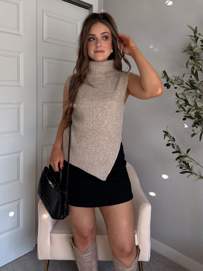 Maya Asymmetrical Turtleneck Sweater Vest Top (Mocha)
