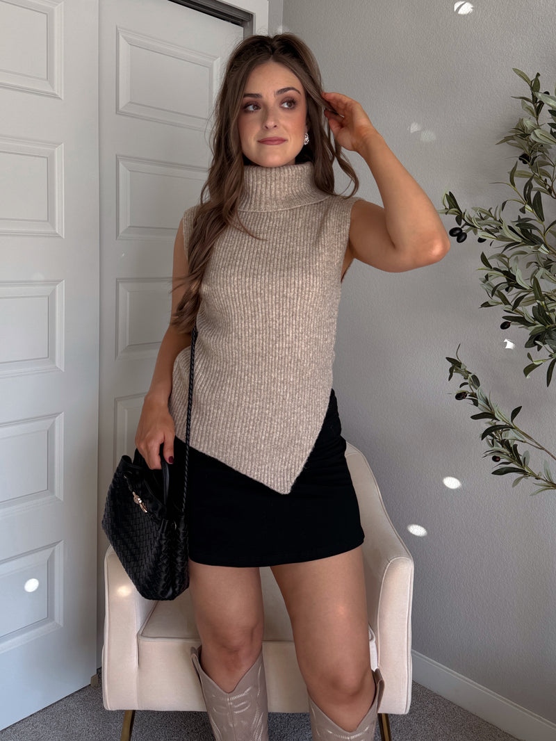 Maya Asymmetrical Turtleneck Sweater Vest Top (Mocha)