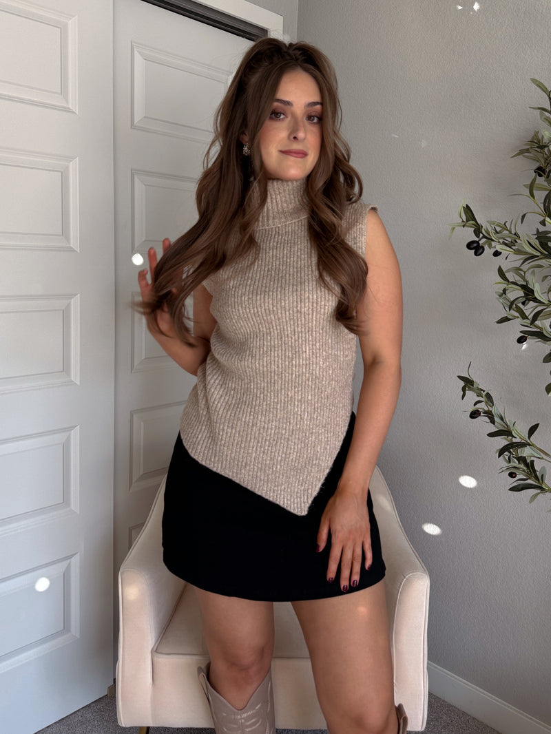 Maya Asymmetrical Turtleneck Sweater Vest Top (Mocha)