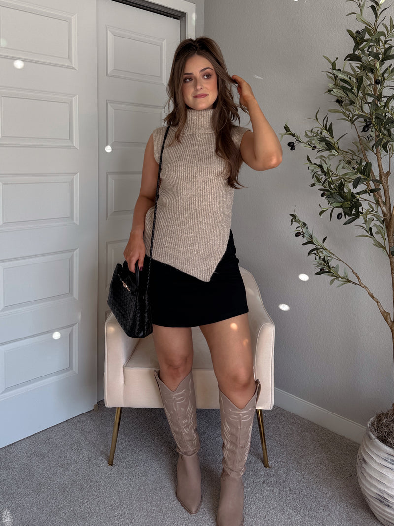 Maya Asymmetrical Turtleneck Sweater Vest Top (Mocha)
