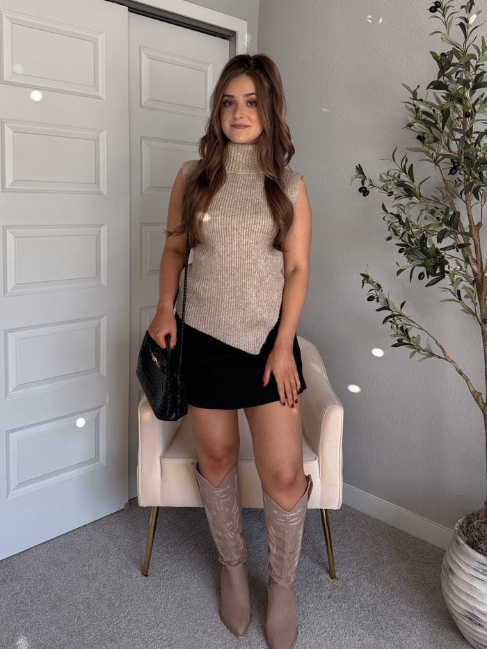 Maya Asymmetrical Turtleneck Sweater Vest Top (Mocha)