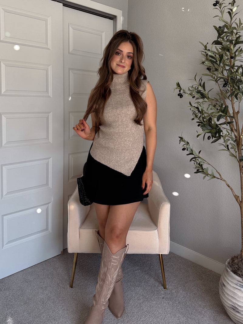 Maya Asymmetrical Turtleneck Sweater Vest Top (Mocha)
