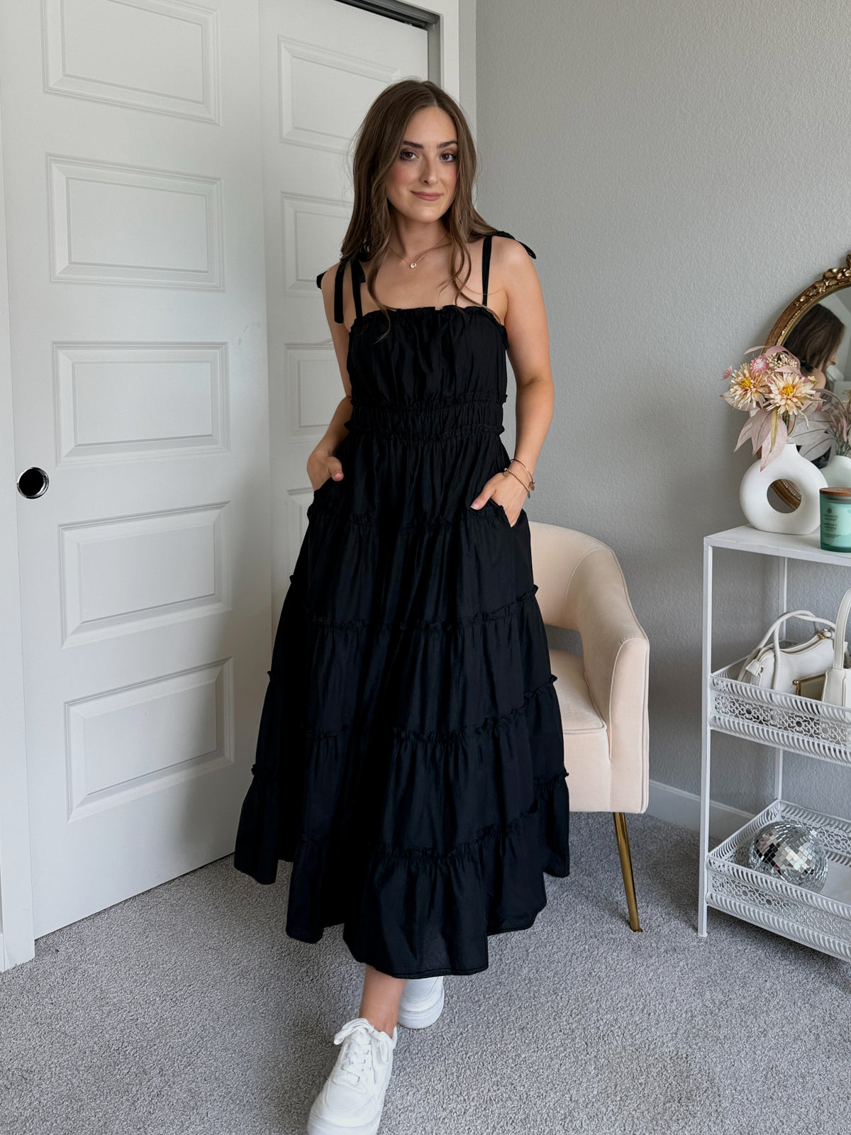 McKenna Shoulder Tie Tiered Ruffle Cotton Midi Dress (Black) Large McKenna Shoulder Tie Tiered Ruffle Cotton Midi Dress (Black) Large