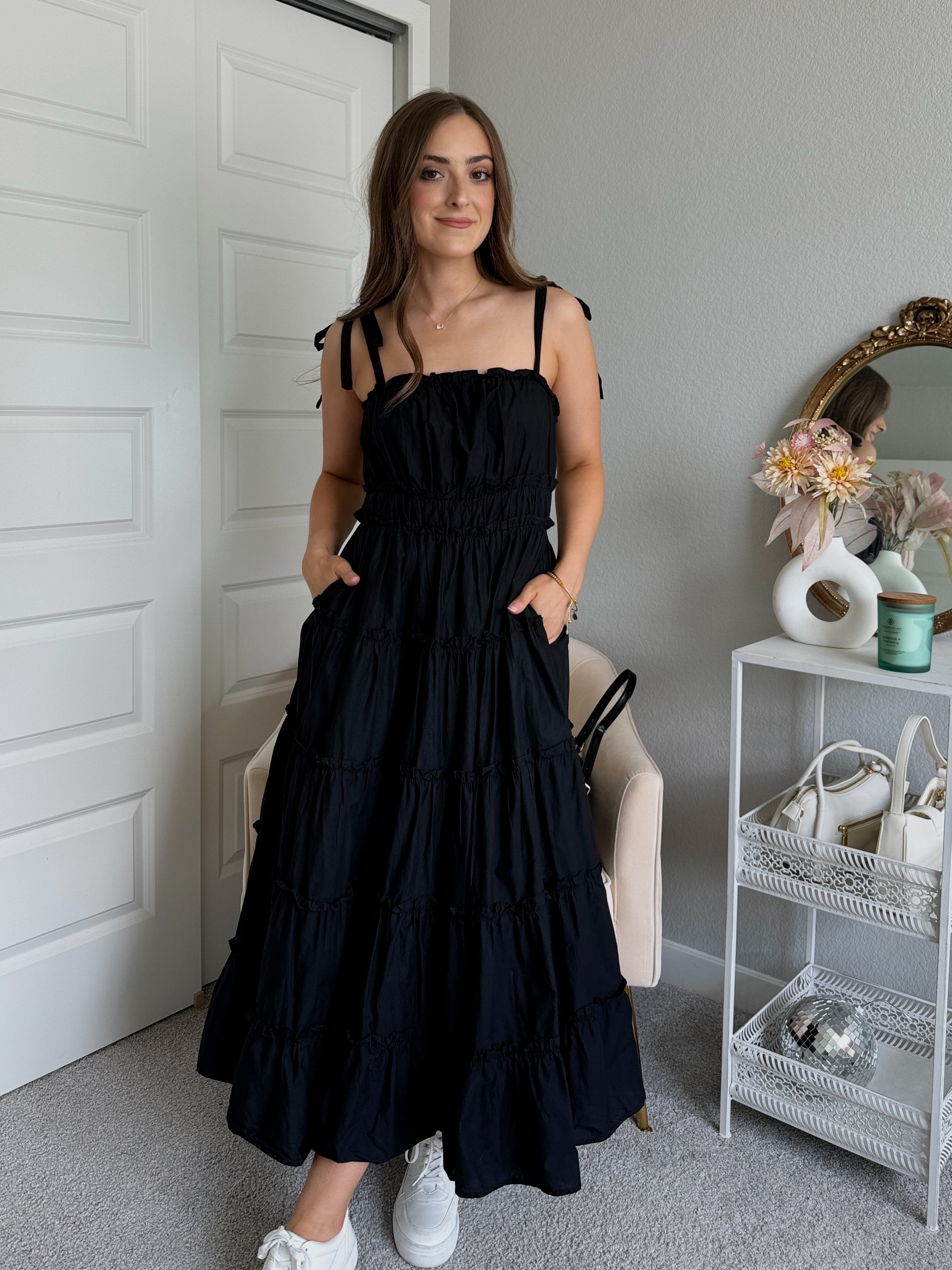 Mckenna Shoulder Tie Tiered Ruffle Cotton Midi Dress Black Large