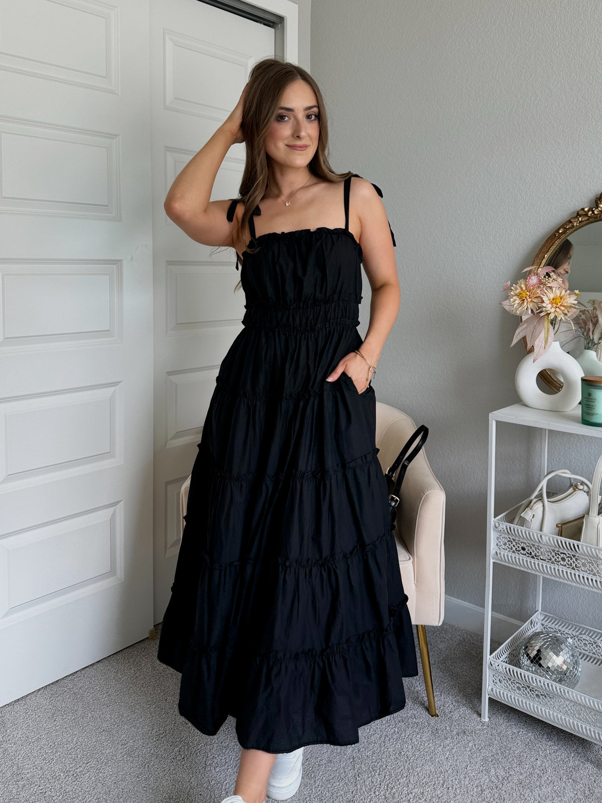 Mckenna Shoulder Tie Tiered Ruffle Cotton Midi Dress (Black) La Belle Boutique Mckenna Shoulder Tie Tiered Ruffle Cotton Midi Dress (Black) La Belle Boutique