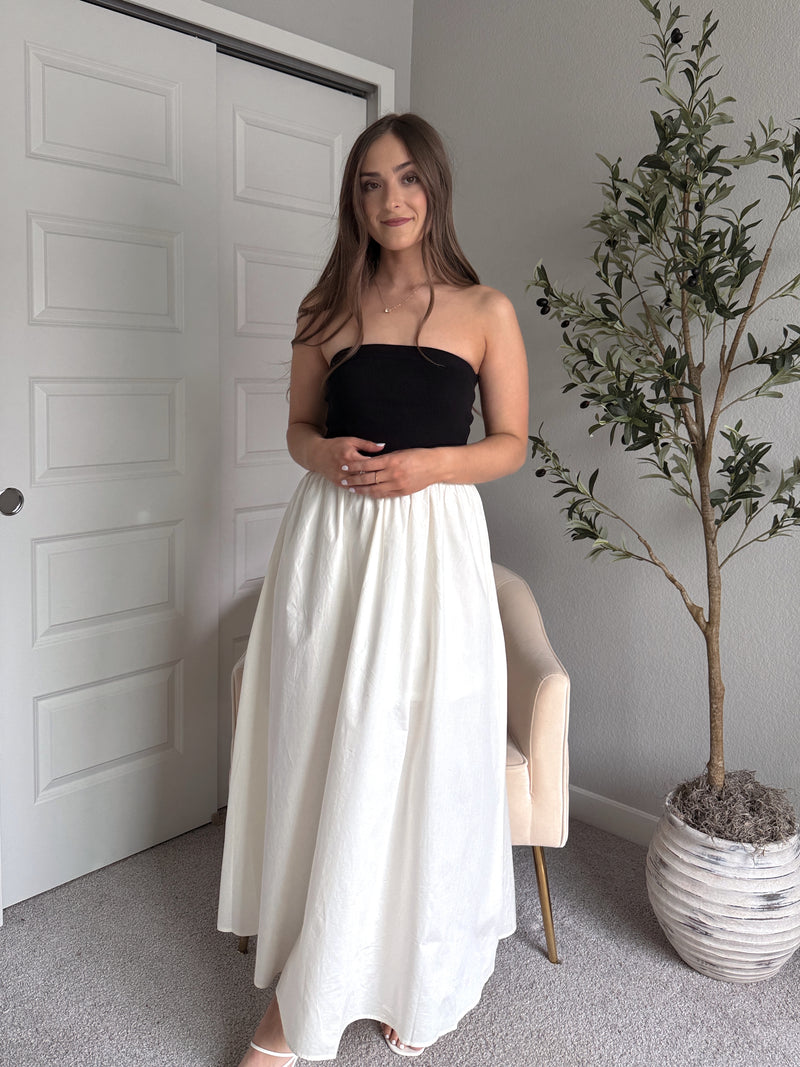 Mila Two-Tone Cotton Strapless Maxi Dress (Black/Cream)