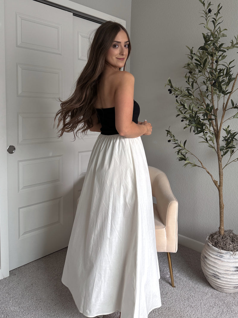 Mila Two-Tone Cotton Strapless Maxi Dress (Black/Cream)